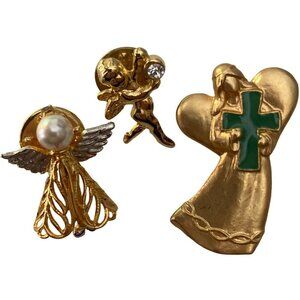 3 Angel Cherub Brooch Lapel Pins Tie Tacks Gold Tone Faux Pearl Rhinestone